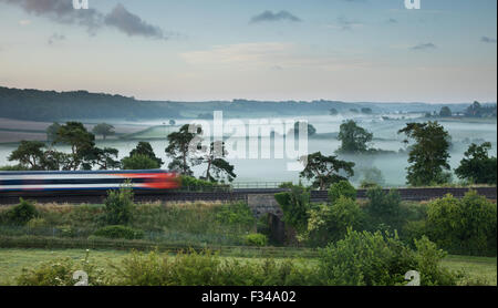 La London Waterloo à Exeter train Milborne Wick sur un matin d'été brumeux, Somerset, England, UK Banque D'Images