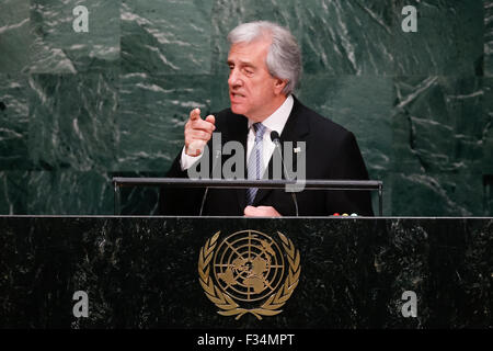 New York, USA. Sep 29, 2015. Le Président de l'Uruguay Tabare Vasquez aborde la 70e session de l'Assemblée générale des Nations Unies au siège des Nations Unies à New York le 29 septembre, 2015. Credit : Muzi Li/Xinhua/Alamy Live News Banque D'Images