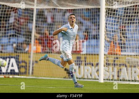 Vigo, Espagne. Sep 23, 2015. Les Zspa Iago (CELTA) Football/soccer : Iago Les Zspa célébrer son but sur l'espagnol 'Liga BBVA' match entre RC Celta de Vigo 4-1 FC Barcelone à la Balaidos Stadium à Vigo, Espagne . Credit : Mutsu Kawamori/AFLO/Alamy Live News Banque D'Images