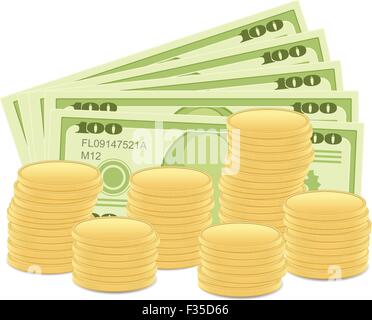 Les billets et pièces en dollars sur fond blanc. Vector illustration. Illustration de Vecteur
