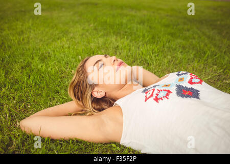 Couple lying on grass Banque D'Images