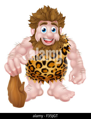 Un cute cartoon caveman dans une peau d'animal tenant un club. Banque D'Images