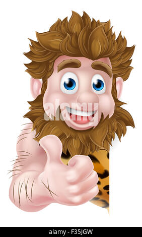 Caveman Cartoon mascot dans une peau d'animal d'oeil autour d'un signe et la tenue d'un club. Banque D'Images