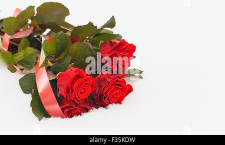 Bouquet de roses rouges sur le blanc de la neige Banque D'Images