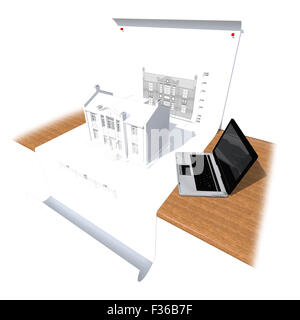 Modèle de maison et un ordinateur portable sur la table isolated on white Banque D'Images