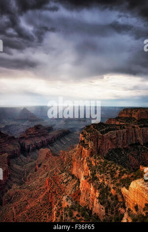 Une brève pause soleil sur l'été thunderheads Wotans trône comme développer sur le bord nord de l'Arizona's Grand Canyon National Park. Banque D'Images