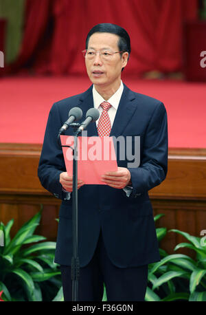 Beijing, Chine. Sep 30, 2015. Le vice-Premier ministre chinois Zhang Jaili préside une réception tenue par le Conseil d'État pour célébrer le 66e anniversaire de la fondation de la République populaire de Chine, à Beijing, capitale de la Chine, 30 septembre 2015. Credit : Yao Dawei/Xinhua/Alamy Live News Banque D'Images