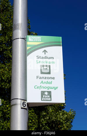 Plaque de rue pour la Coupe du Monde de Rugby 2015 sites de tournoi, Cardiff, Pays de Galles, Royaume-Uni. Banque D'Images