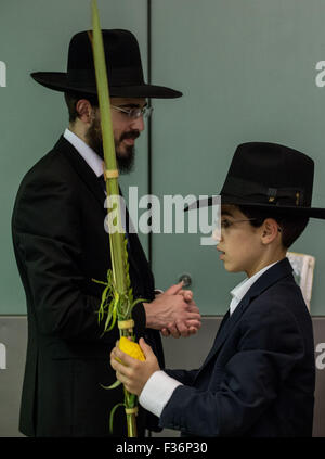 Jérusalem. Sep 30, 2015. Un garçon juif ultra-orthodoxe prie avec quatre espèces de plantes pendant Souccot au Mur occidental dans la vieille ville de Jérusalem, le 30 septembre 2015. Le ukkot «', la Fête des Tabernacles, relevant du coucher de soleil au coucher du soleil du 27 septembre au 4 octobre de cette année, est une maison de vacances d'une semaine biblique qui se remémore les 40 ans de voyages dans le désert après l'exode de l'esclavage en Egypte. © Li Rui/Xinhua/Alamy Live News Banque D'Images