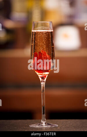 Bellini, un cocktail au champagne avec fleurs d'Hibiscus, servi sur un bar top Banque D'Images