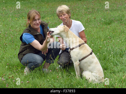 Exclusif : Sabine Hoernicke expert Truffe pose avec participant du séminaire de recherche de truffes Bretone et son chien 'allié' à une forêt à Bonn (Allemagne), de l'Allemagne. Sabine Hoernicke la truffe donne chien formation séminaire 'Recherche de truffes avec les chiens". Le but du séminaire est pour le propriétaire du chien d'être en mesure de localiser les zones où les truffes poussent dans n'importe quel environnement. Le chien apprend à détecter l'odeur des truffes pour identifier l'emplacement exact d'une truffe mûre. Photo : Horst Ossinger/dpa Banque D'Images