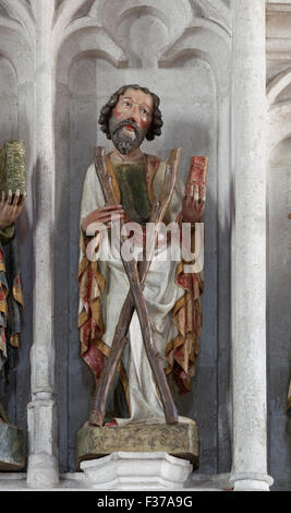 Apôtre André, sculpture en bois de style gothique, l'église paroissiale de Saint Maurice, Spitz, Wachau, Waldviertel, Basse Autriche, Autriche Banque D'Images