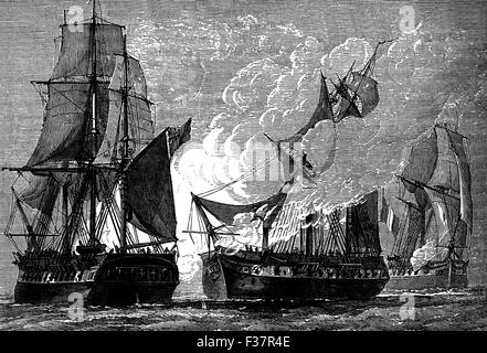 La bataille de Gondelour était entre les Britanniques sous l'Amiral Sir Edward Hughes et un peu plus faible de la flotte française sous le Bailli de Suffren au large de la côte de l'Inde près de Cuddalore. pendant la guerre de l'indépendance le 20 juin 1783, après que la paix avait été signée en Europe mais avant les nouvelles avaient atteint l'Inde. C'était la bataille finale de la guerre d'Indépendance américaine. Banque D'Images