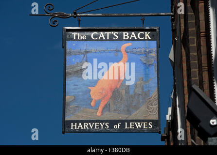 Inn signe pour le retour du chat pub, Wandsworth, Londres, Angleterre, avec Brewer, nom de lewes harveys Banque D'Images