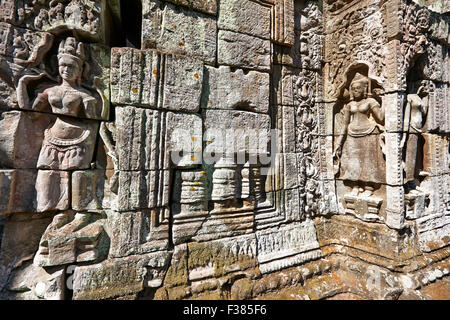 Mur avec la sculpture sur pierre dans Ta Prohm temple. Parc archéologique d'Angkor, la Province de Siem Reap, au Cambodge. Banque D'Images