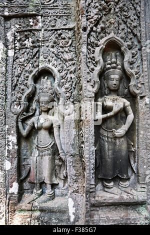 La sculpture sur pierre dans Ta Prohm temple. Parc archéologique d'Angkor, la Province de Siem Reap, au Cambodge. Banque D'Images