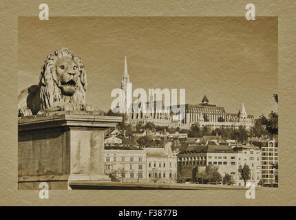 Vue du pont des chaînes Széchenyi à Fishermens Bastion et l'église Matthias, Budapest, Hongrie, Europe Banque D'Images