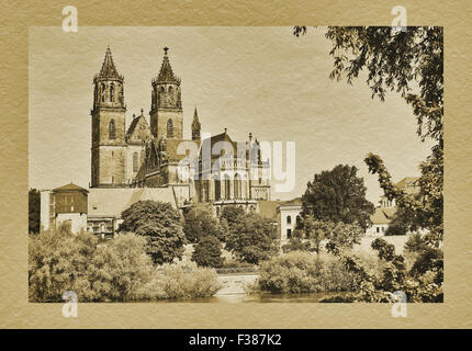 Vue sur l'Elbe à la Cathédrale de Magdebourg, Saxe-Anhalt, Allemagne, Europe Banque D'Images