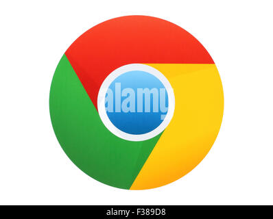 KIEV, UKRAINE - le 27 avril 2015:Google Chrome logo imprimé sur papier sur fond blanc. Google Chrome est un navigateur web gratuit Banque D'Images