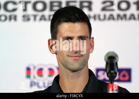 Bangkok en Thaïlande. 1er octobre 2015. Joueur de tennis, Novak Djokovic, lors d'une conférence de presse. Djokovic est réglé pour jouer contre Nadal le 2 octobre pour une exposition match de tennis à Bangkok. Crédit : John Vincent/Alamy Live News Banque D'Images