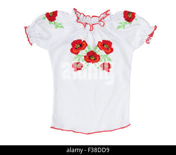 Children's White T-shirt avec broderie coquelicot isolé sur fond blanc Banque D'Images