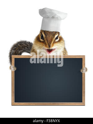 Chef cuisinier drôle chipmunk tenir blackboard menu Banque D'Images