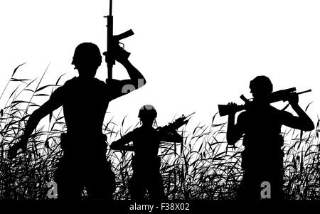 Spe8 silhouette vecteur modifiable de soldats en patrouille dans un reedswamp Illustration de Vecteur