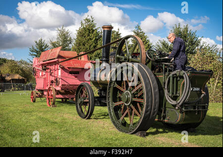 La traction à vapeur d'époque avec le volant-moteur de locomotive au volant d'une conduite de la courroie d'une batteuse vintage Banque D'Images