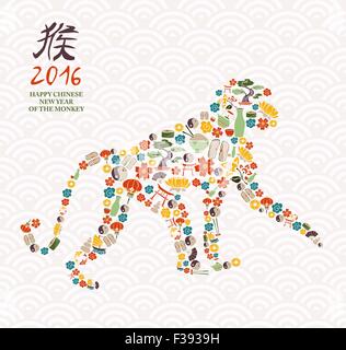 2016 Joyeux Nouvel An chinois du singe inspiré de la culture asiatique icônes formant ape silhouette. Vecteur EPS10. Illustration de Vecteur