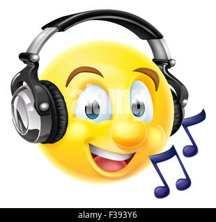 Un émoticône emoji. portant des écouteurs et écouter de la musique ou chanter. Avec des notes de musique Banque D'Images