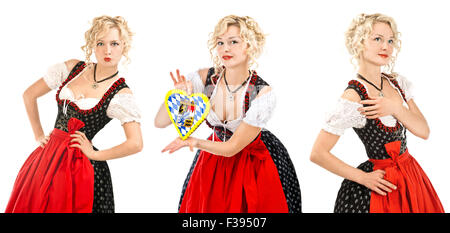 Bavarois allemand femme en robe dirndl typique sur fond blanc. Concept de l'Oktoberfest Banque D'Images