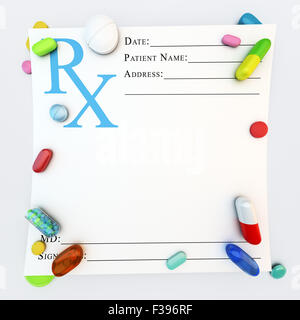 Variété de médicaments colorés sur page vierge Banque D'Images