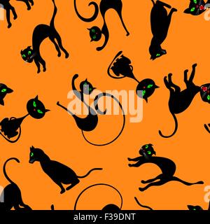 Halloween de motif transparent avec les chats sur fond orange pour la création de dessins d'Halloween. Vector illustration. Illustration de Vecteur