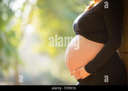 Close-up of a pregnant woman standing dans le parc au coucher du soleil Banque D'Images