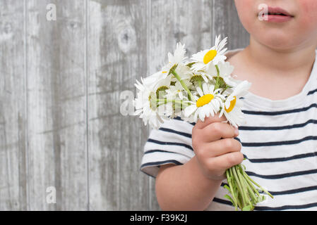 Close-up of a Boy holding bouquet de marguerites Banque D'Images