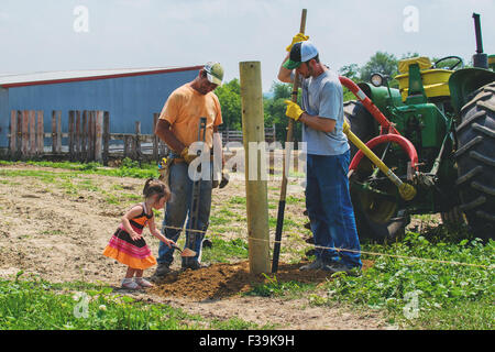 Girl aide deux des ouvriers sur farm Banque D'Images