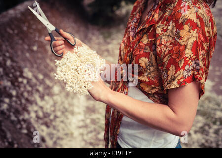 Une jeune femme se tient debout à l'extérieur tenant un bouquet de elderflowers et une paire de ciseaux Banque D'Images