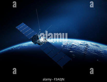 Satellite de communication en orbite autour de la Terre avec le lever du soleil dans l'espace Banque D'Images