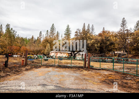 La destruction et la miraculeuse conservation de biens dans la Butte de feu dans la Sierra Nevada en Californie Banque D'Images