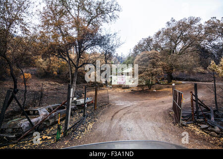 La destruction et la miraculeuse conservation de biens dans la Butte de feu dans la Sierra Nevada en Californie Banque D'Images