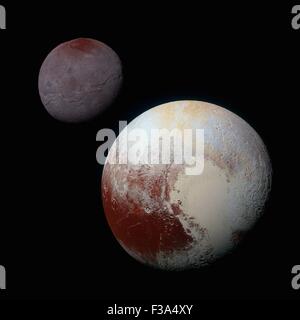 Pluton. 2 octobre, 2015. Un composite d'images montrant des couleurs améliorée sur Pluton et Charon le coin inférieur droit, la plus grande lune autour de le nain comme vu de la sonde New Horizons publié le 2 octobre 2015 à partir de la juillet survol de la sonde. Banque D'Images