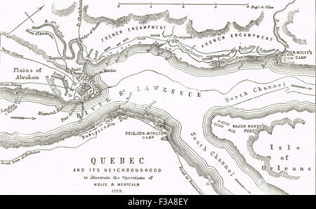 Québec Carte montrant le fonctionnement de Wolfe et Montcalm en 1759 Banque D'Images