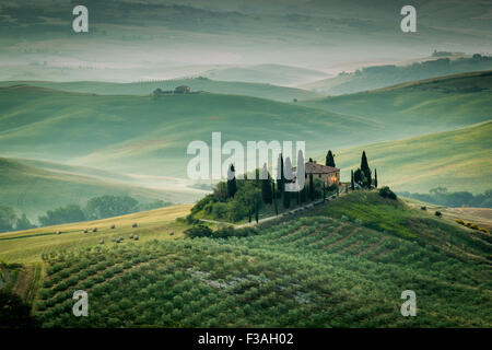 La toscane, ferme isolée dans le pays d'or et verts collines du Val d'Orcia, tôt le matin. Paysage italien. Banque D'Images