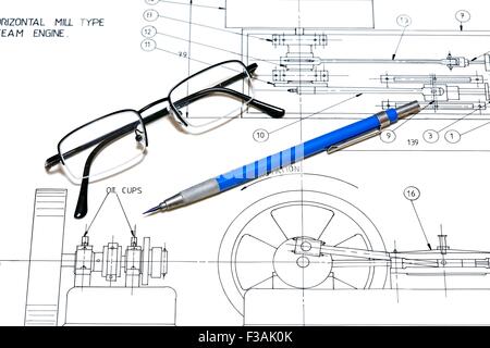 Les plans d'ingénierie Portemine Lunettes Lunettes Banque D'Images