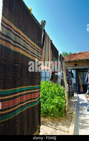 Le nettoyage et le lavage des tapis dans le village Banque D'Images