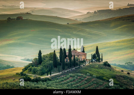 Toscane, Val d'Orcia, magnifique paysage de collines, de cyprès et d'oliviers, de l'Italie. Ferme isolée dans la campagne Banque D'Images