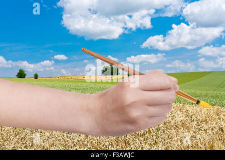 Concept de récolte - la main avec des peintures pinceau en blé mûr jaune green field Banque D'Images