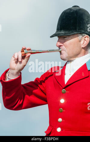 Rostrevor, Irlande du Nord. 04 Oct 2015 - Huntsman Declan Keenan ses coups de klaxon pour lancer une chasse au renard Crédit : Stephen Barnes/Alamy Live News Banque D'Images