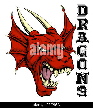 Une illustration d'un dessin animé dragon rouge mascotte de l'équipe de sport avec le texte Dragons Banque D'Images
