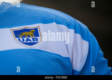 Leicester, Royaume-Uni. 4 octobre, 2015. Coupe du Monde de Rugby. L'Argentine contre les Tonga. Détail d'un maillot de l'Argentine. Credit : Graham Wilson / Pipeline Images/Alamy Live News Banque D'Images